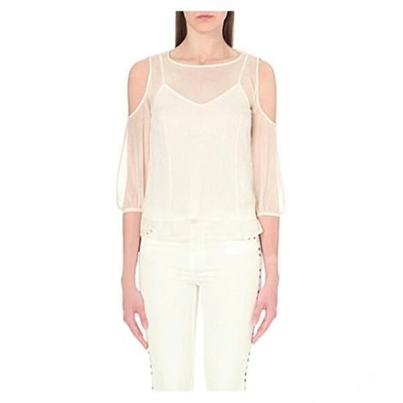 Maje Small (1) sheer cream pink and gold striped cold shoulder blouse - Picture 2 of 8